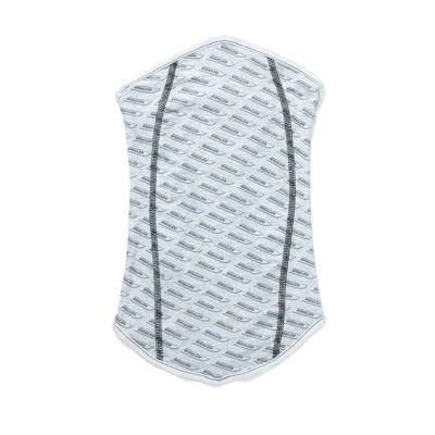 Image of a light gray neck gaiter with the Boston Whaler logo on it