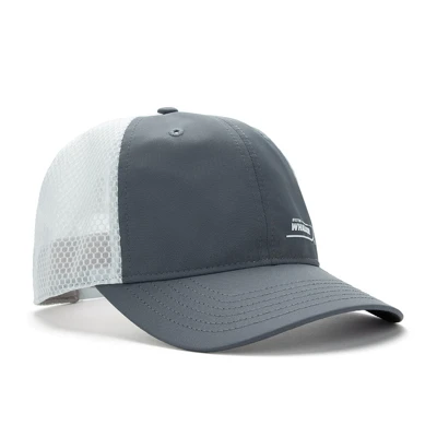 Image of a gray cap with white mesh back and white Boston Whaler logo on front