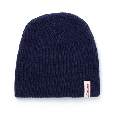 Image of a navy beanie with a Boston Whaler logo tag