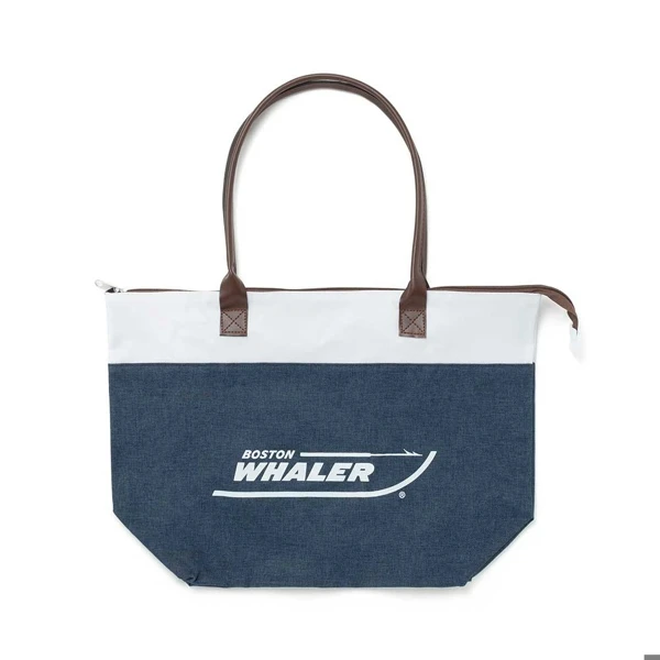 Image of a blue and white tote bag with white Boston Whaler logo