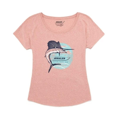 Image of a pink tee with blue Boston Whaler design