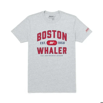 Image of a gray tee with red Boston Whaler logo
