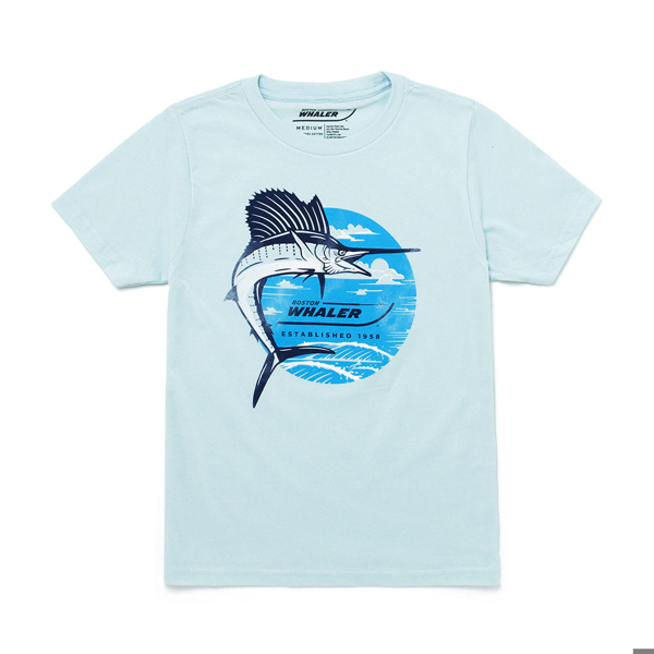 Image of a blue tee with Boston Whaler design