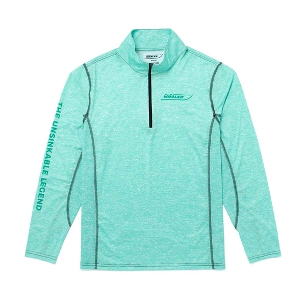 Image of a seafoam quarter zip with teal Boston Whaler logo