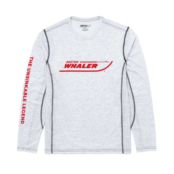 Image of a white performance shirt with red Boston Whaler logo