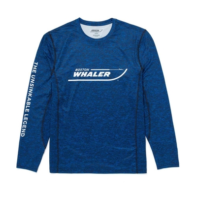 Image of a navy performance long sleeve with white Boston Whaler logo on front