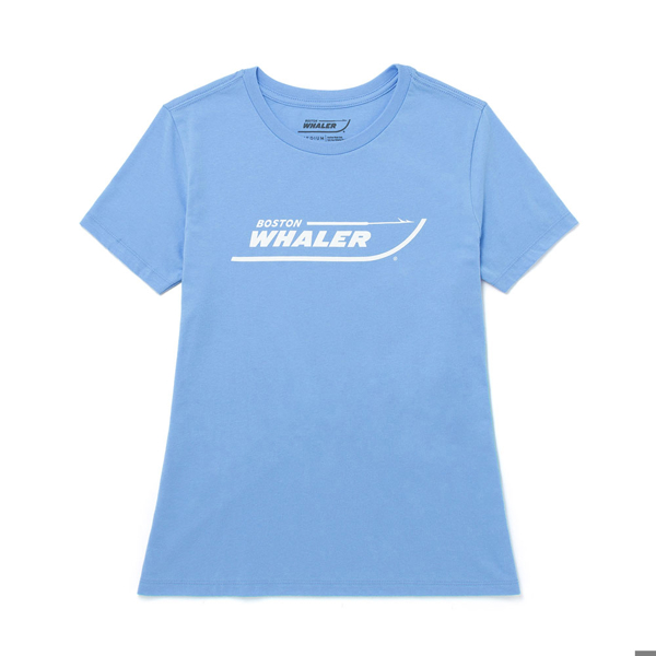 Image of a blue women's tee with white Boston Whaler logo