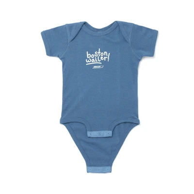Image of a blue onesie with Boston Whaler design on front