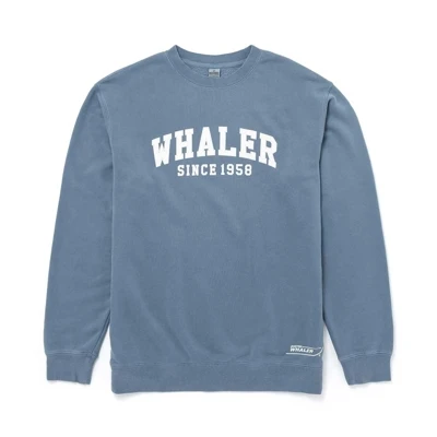 Image of a blue crewneck with white Boston Whaler logo