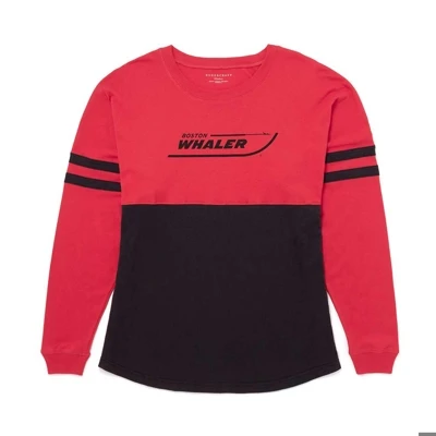 Image of a black and red long sleeve tee with black Boston Whaler logo