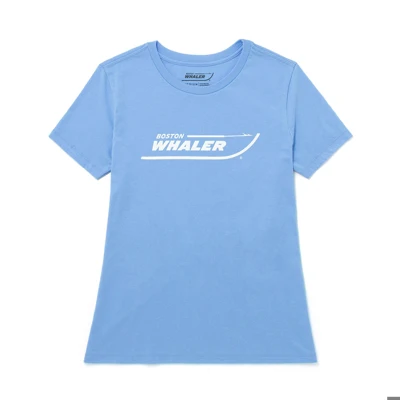 Image of a blue women's tee with white Boston Whaler logo