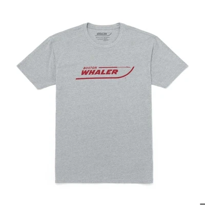 Image of a gray short sleeve tee with a red Boston Whaler logo