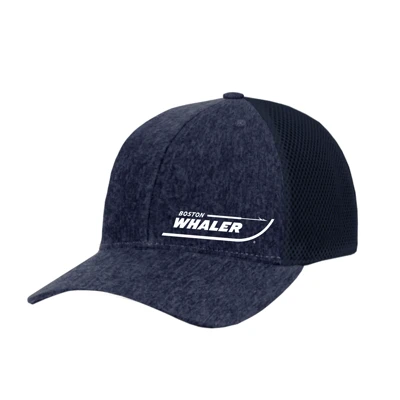 A navy blue trucker hat with a mesh back and a white Boston Whaler logo on the front.	