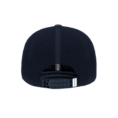 A navy blue trucker hat with a mesh back and a white Boston Whaler logo on the front.	