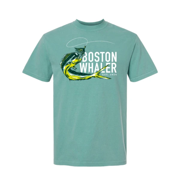 Image of a seafoam tee with blue Boston Whaler design	