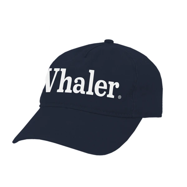 A navy blue baseball cap with the word "Whaler" in white.	