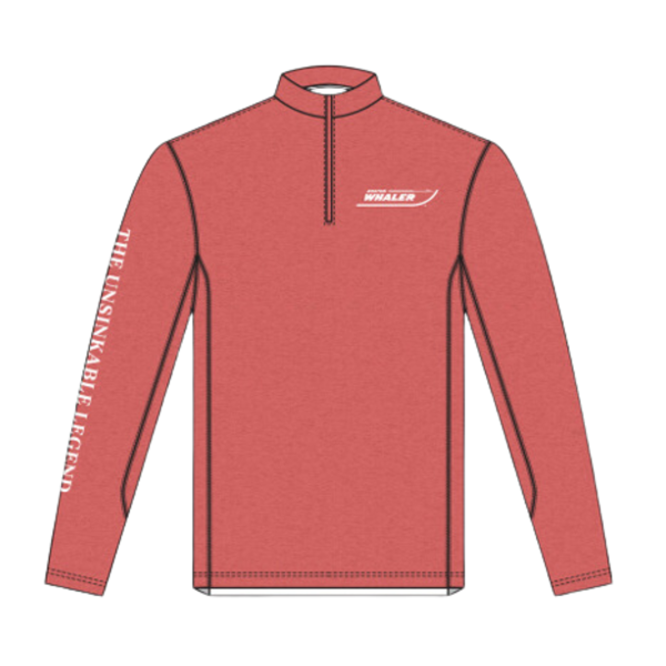 Nantucket red quarter zip performance shirt with white Boston Whaler logo on left chest and the graphic text THE UNSINKABLE LEGEND on right sleeve