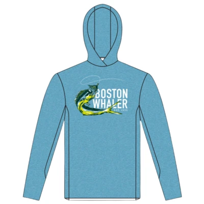 Blue hooded performance shirt with Boston Whaler Graphic on front