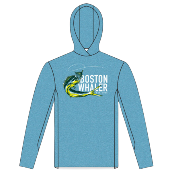 Blue hooded performance shirt with Boston Whaler Graphic on front