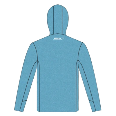 Blue hooded performance shirt with Boston Whaler Graphic on front