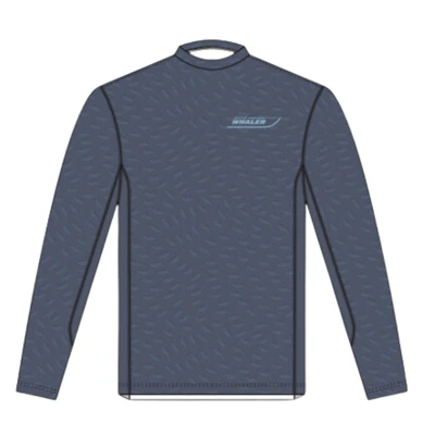 Navy performance long sleeve with light blue Boston Whaler logo on left chest. Main body of shirt is textured. 