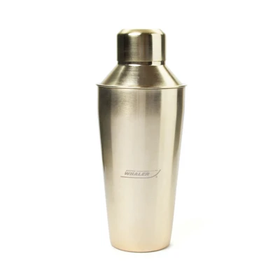 Image of a gold cocktail shaker with Boston Whaler logo on it