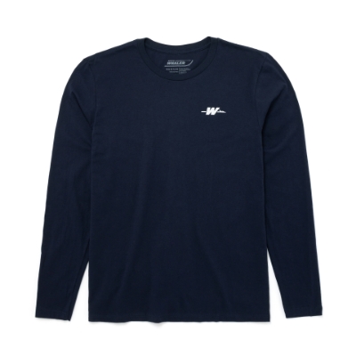 Image of a navy long sleeve with white Boston Whaler logo on the left chest