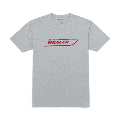 Image of a gray short sleeve tee with a red Boston Whaler logo on the front