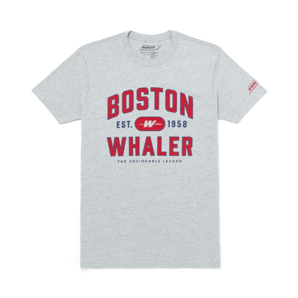 Image of a gray tee with red Boston Whaler logo