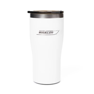 Image of a white tumbler with silver Boston Whaler logo	