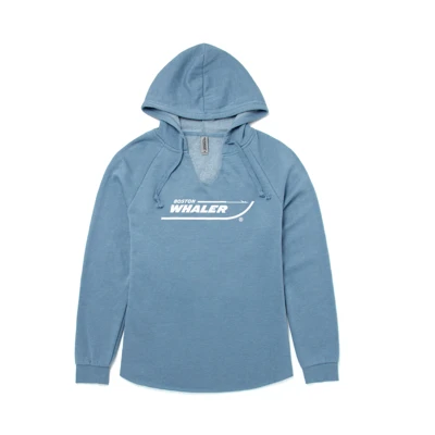 Image of a blue hoodie with white Boston Whaler logo	