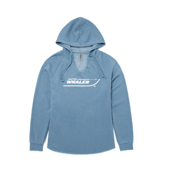 Image of a blue hoodie with white Boston Whaler logo on the front