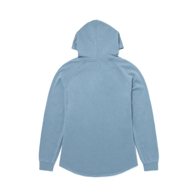 Image of a blue hoodie with white Boston Whaler logo on the front