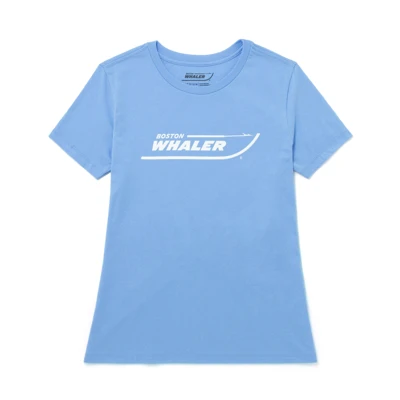 Image of a blue women's tee with white Boston Whaler logo