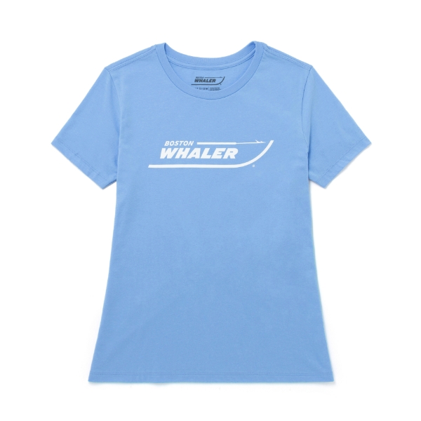 Image of a blue women's tee with white Boston Whaler logo on the front