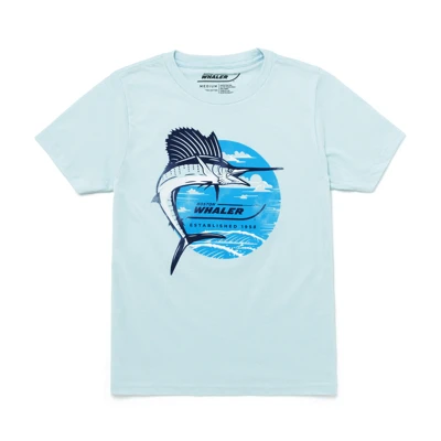 Image of a blue tee with Boston Whaler design on the front