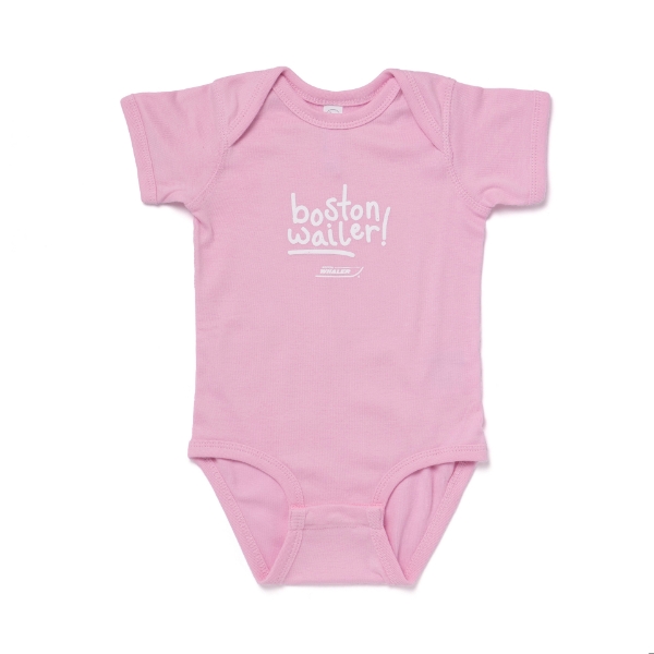 Pink Whailer Baby Onesie Product Image with Boston Wailer and Boston Whaler logo on the front