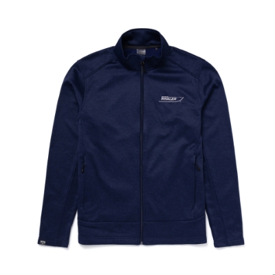 A navy blue performance fleece jacket with a full-length zipper, stand-up collar, and two front pockets. The Boston Whaler logo is embroidered on the left chest in white.