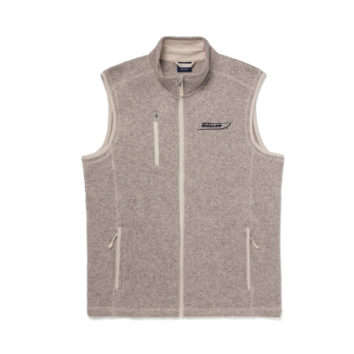 An Oatmeal fleece vest with a full-length zipper. The vest has two front pockets and a stand-up collar. The Boston Whaler logo is embroidered on the left chest in black.