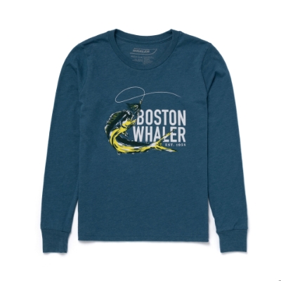 A teal long-sleeve t-shirt with a graphic of a fish jumping out of the water. The Boston Whaler logo and the year 1954 are printed below the fish.