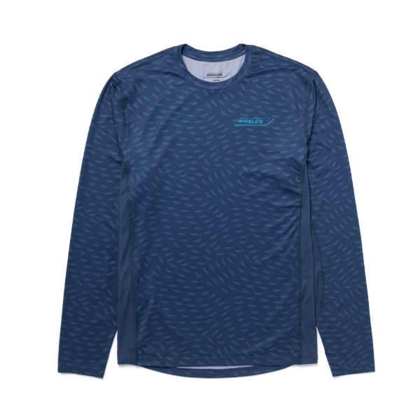 Navy performance long sleeve with light blue Boston Whaler logo on left chest. Main body of shirt is textured.