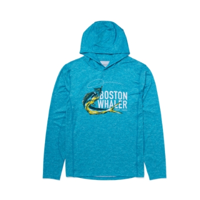 Image of the Light Blue Performance Hooded Long Sleeve with Boston Whaler logo graphic design on the front