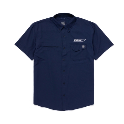 Front image of the Navy Fishing Shirt with white Boston Whaler logo embroidered on the left chest