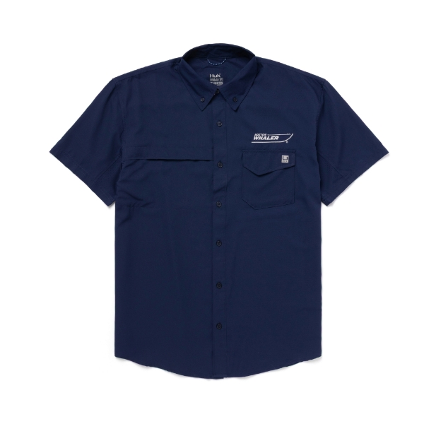 Front image of the Navy Fishing Shirt with white Boston Whaler logo embroidered on the left chest
