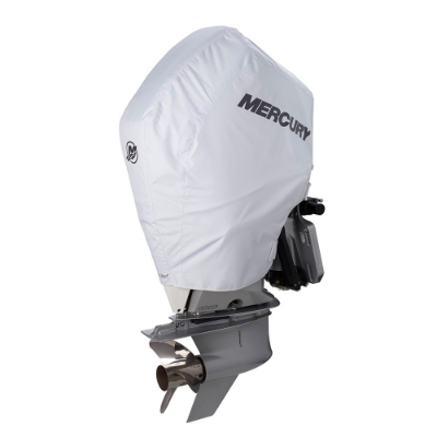 Image of the white Mercury Engine Cover - 200-300hp, 4.6L V8 with black Mercury logo