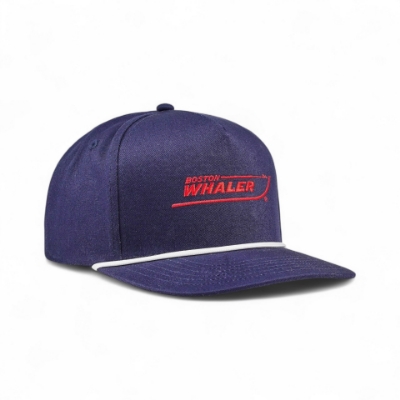 Right side view image of the Owners Group Hat. It features a white rope detail across the base of the crown and the words "BOSTON WHALER" are embroidered in red on the front panel