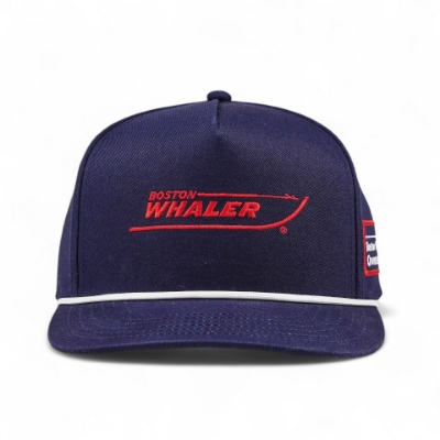 Right side view image of the Owners Group Hat. It features a white rope detail across the base of the crown and the words "BOSTON WHALER" are embroidered in red on the front panel