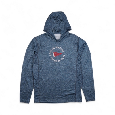 Image of the Blue Hooded Performance Shirt with the Boston Whaler Owners Club logo on the front