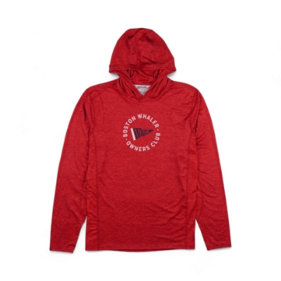 Image of the Red Hooded Performance Shirt with the Boston Whaler Owners Club logo on the front