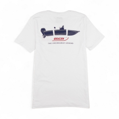 White t-shirt with a small red graphic on the left chest that reads "BOSTON 1958 WHALER".